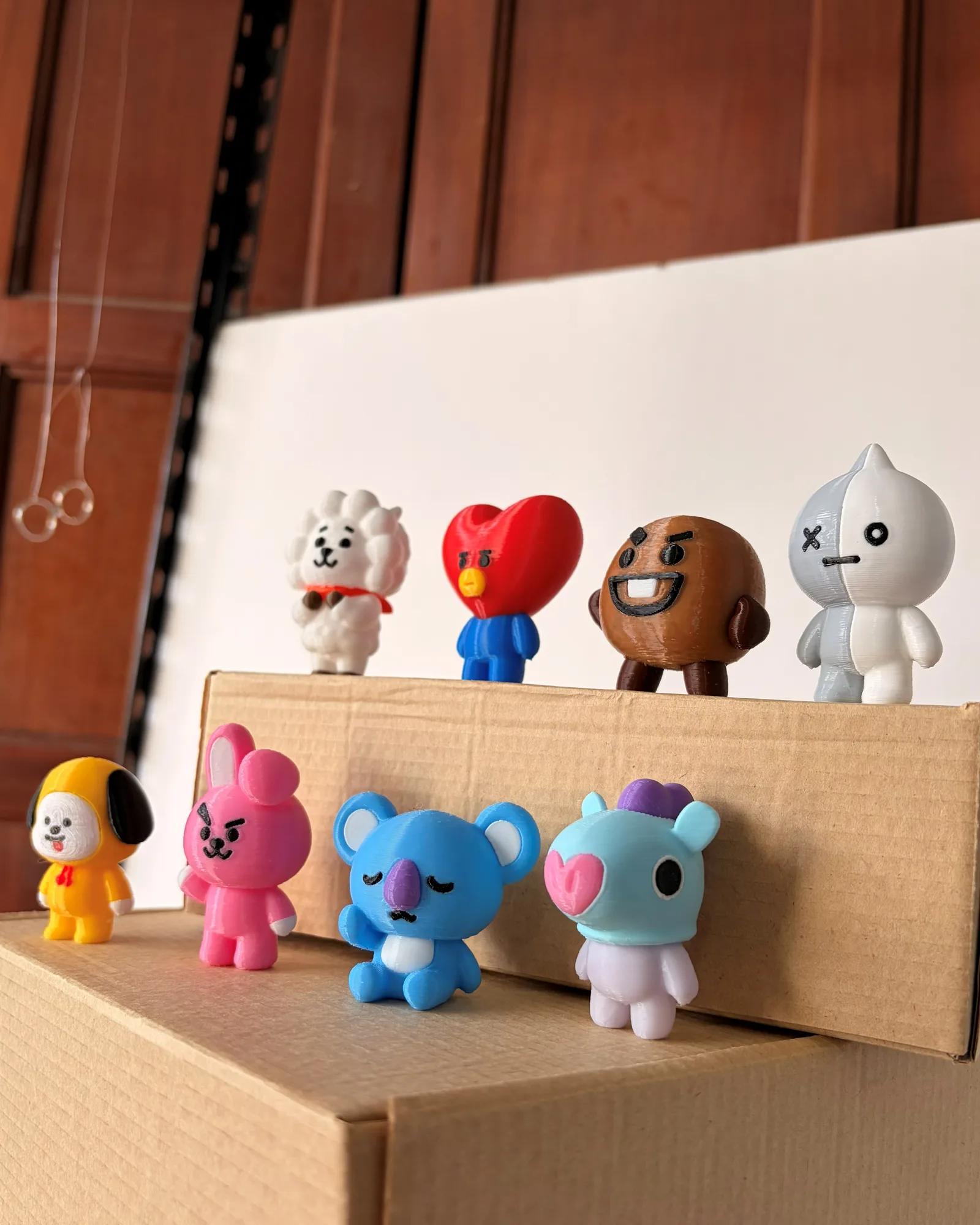 Las ocho mini figuras BT21 impresas en 3D: Koya, RJ, Shooky, Mang, Chimmy, Tata, Cooky y Van